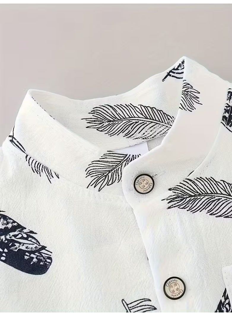 Youngsters' Summer Feather Print Set - White Short Sleeve Shirt with Black Feathers & Grey Shorts - Casual 2-Piece Outdoor Playwear - Image 3